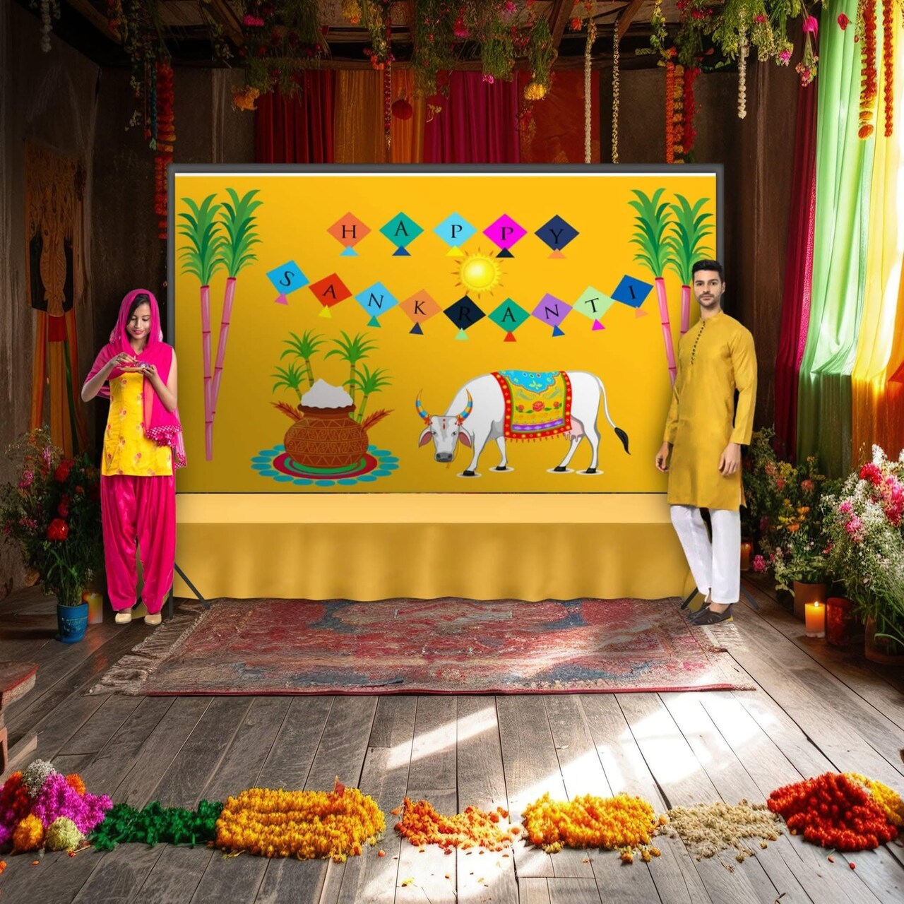 Happy Makar Sankranti Backdrop Banner - Sankranthi Decor Indian Harvest Festival Background Holiday Banner Wall Background Sankranti Party Celebration Decorations Photo Props